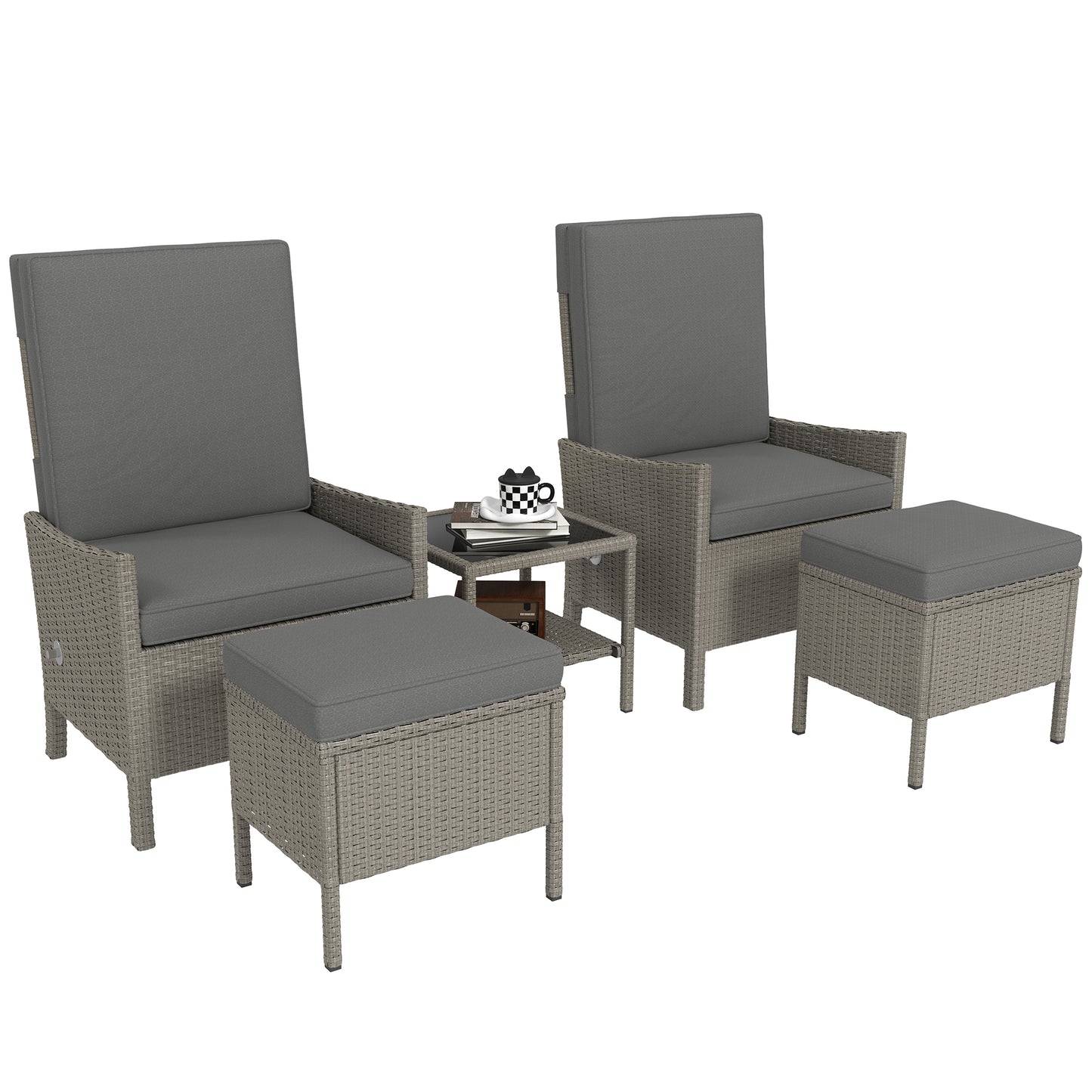 Outsunny 5 Piece Rattan Garden Furniture Set, Wicker Patio Sofa Set with 2 Armchairs, 2 Footstools, Glass Top Coffee Table with Shelf, Outdoor Furniture with Adjustable Backrests, Cushions, Dark Grey