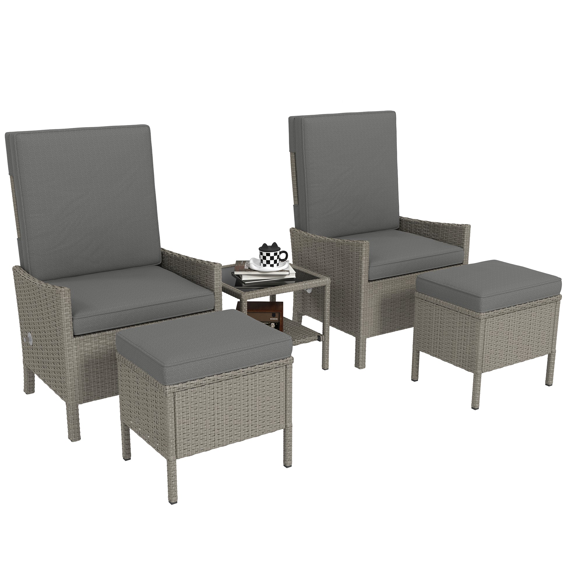 Outsunny 5 Piece Rattan Garden Furniture Set, Wicker Patio Sofa Set with 2 Armchairs, 2 Footstools, Glass Top Coffee Table with Shelf, Outdoor Furniture with Adjustable Backrests, Cushions, Dark Grey