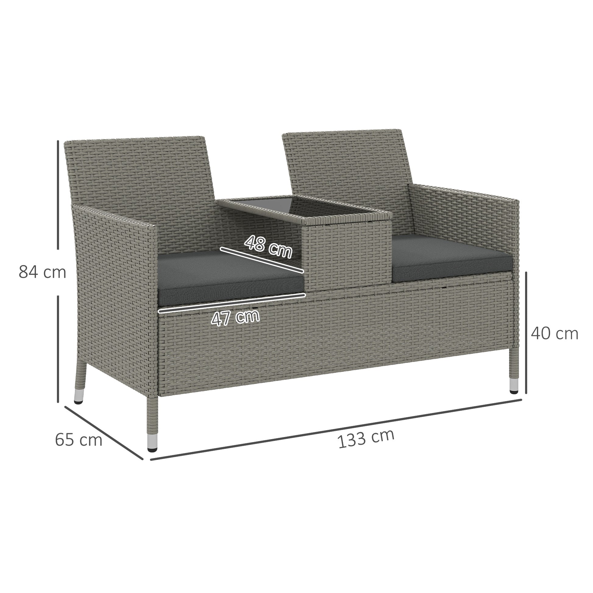 Outsunny 2-Seater PE Rattan Outdoor Garden Bench w/ Centre Table Grey
