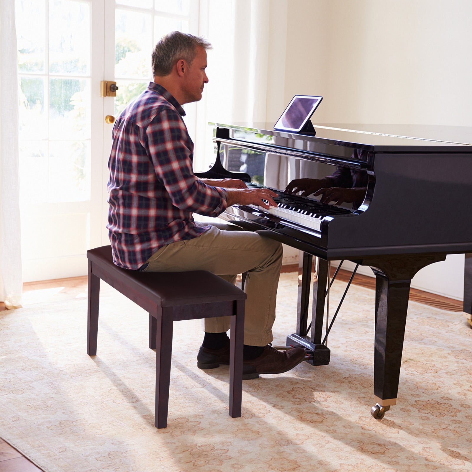2-in-1 Padded Piano Bench with Storage Space-Brown