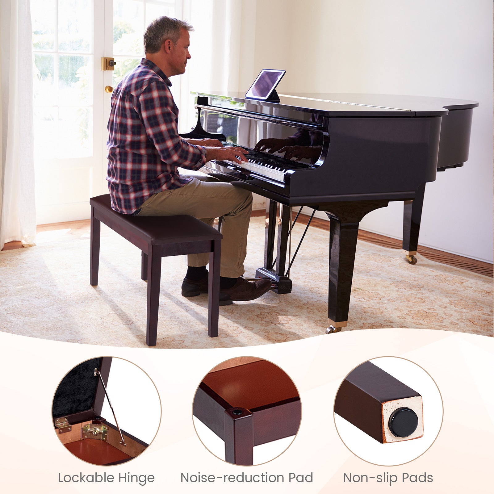 2-in-1 Padded Piano Bench with Storage Space-Brown