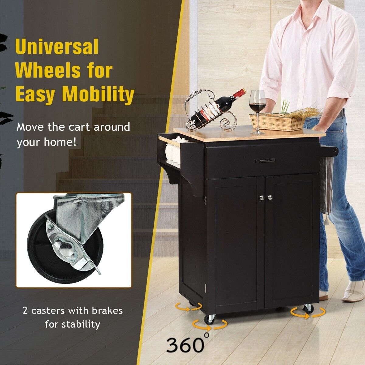 2-Door Kitchen Trolley Cart with Drawer and Spice Rack-Brown