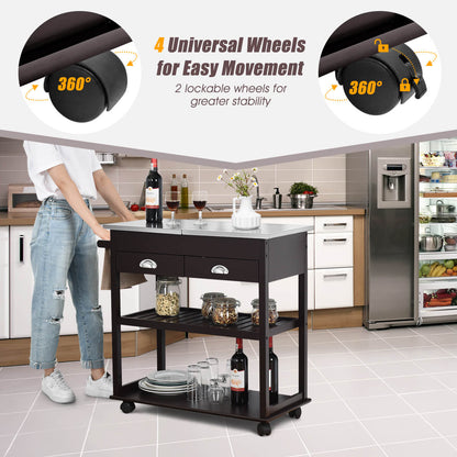 3-Tier Rolling Kitchen Island  Cart with Drawers-Brown