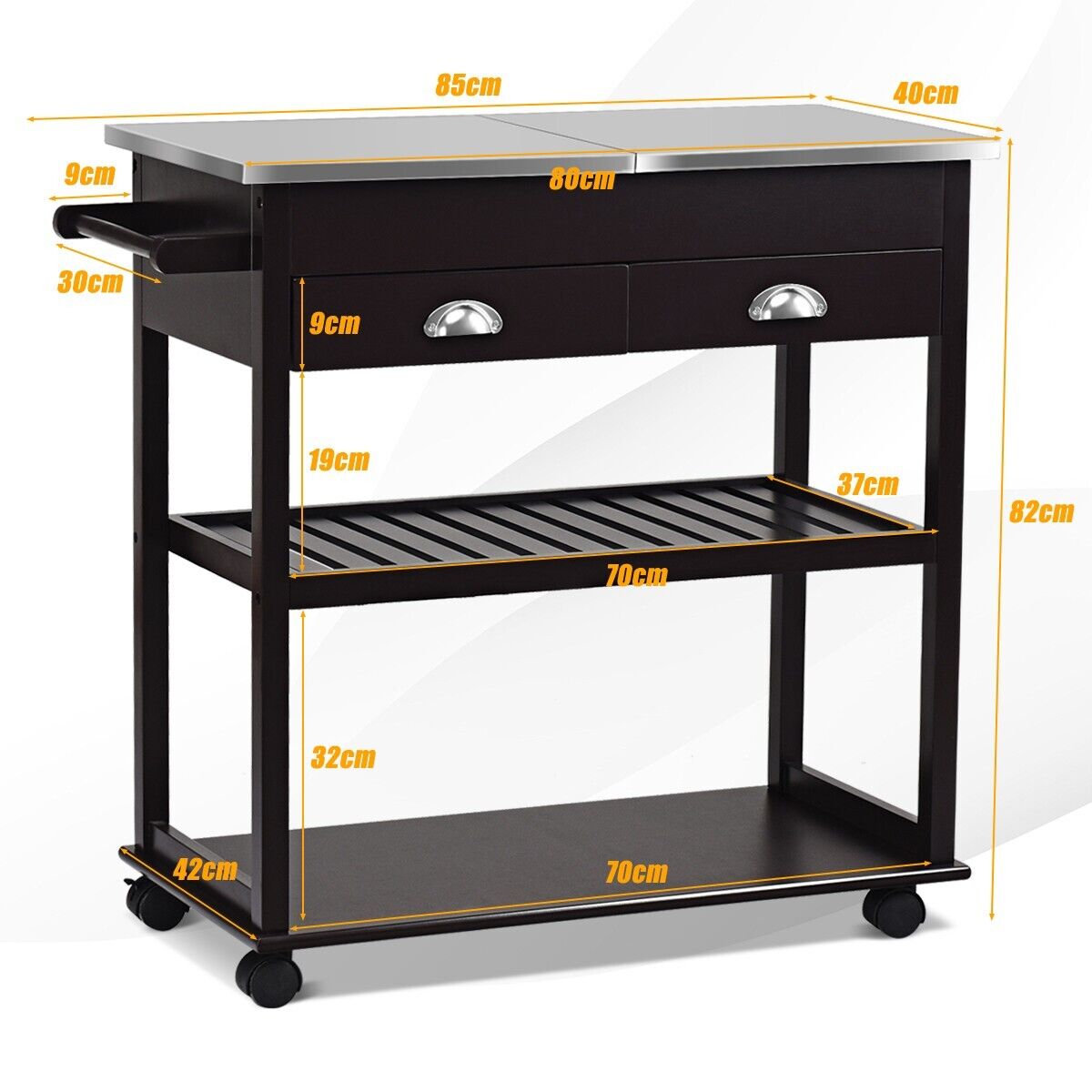 3-Tier Rolling Kitchen Island  Cart with Drawers-Brown