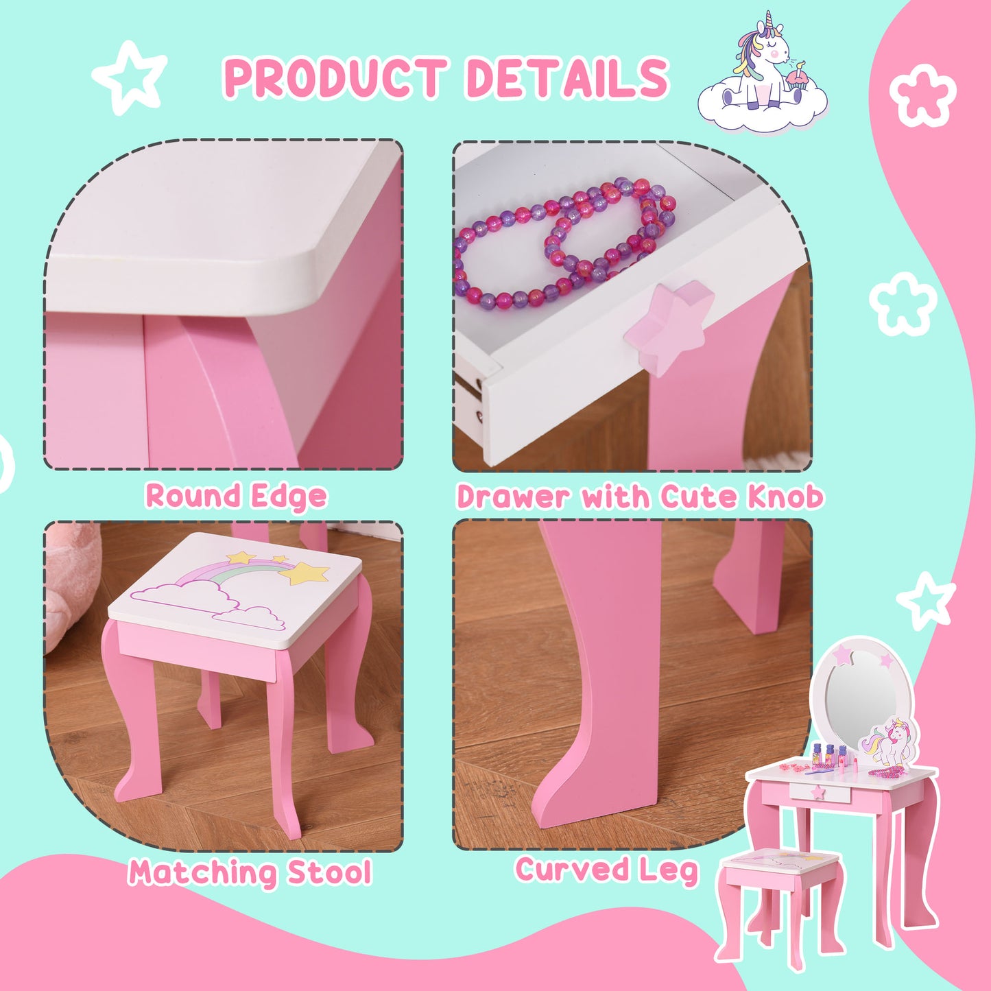 HOMCOM Girls Dressing Table w/ Mirror & Stool, Kids Dressing Table, Unicorn Pretend Play Toy for Toddles Age 3-6 Years, Acrylic Mirror, Pink & White