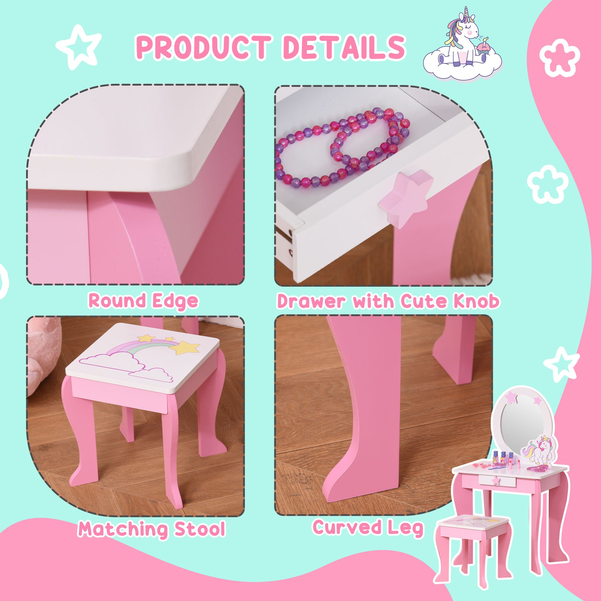 HOMCOM Girls Dressing Table w/ Mirror & Stool, Kids Dressing Table, Unicorn Pretend Play Toy for Toddles Age 3-6 Years, Acrylic Mirror, Pink & White