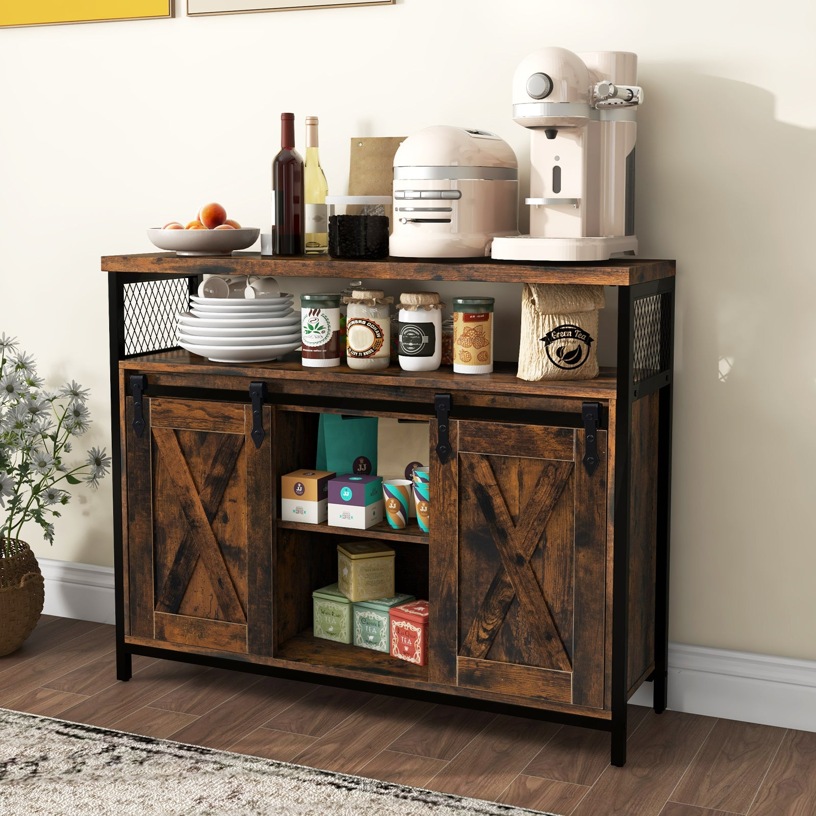 Buffet Cabinet Farmhouse Coffee Bar Cabinet with 3-Level Adjustable Shelves-Rustic Brown