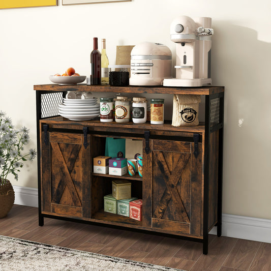 Buffet Cabinet Farmhouse Coffee Bar Cabinet with 3-Level Adjustable Shelves-Rustic Brown