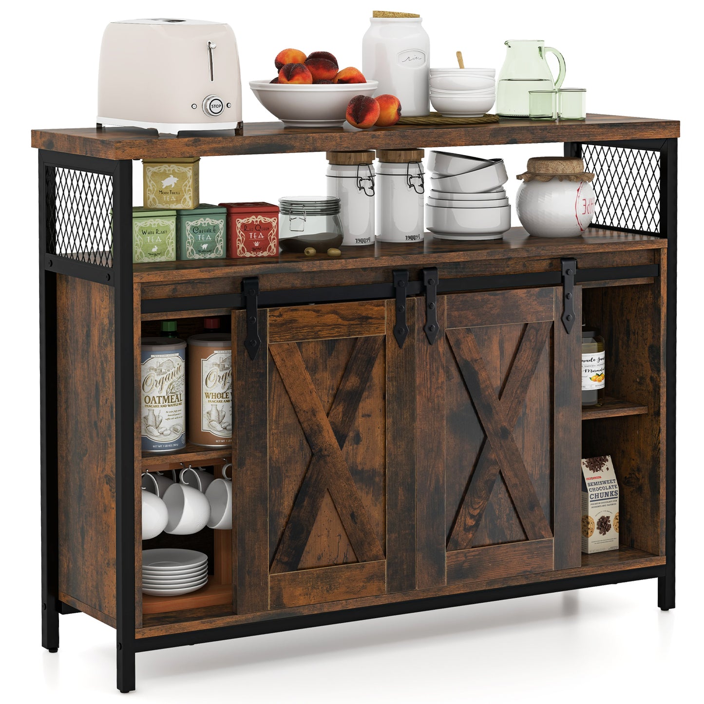Buffet Cabinet Farmhouse Coffee Bar Cabinet with 3-Level Adjustable Shelves-Rustic Brown