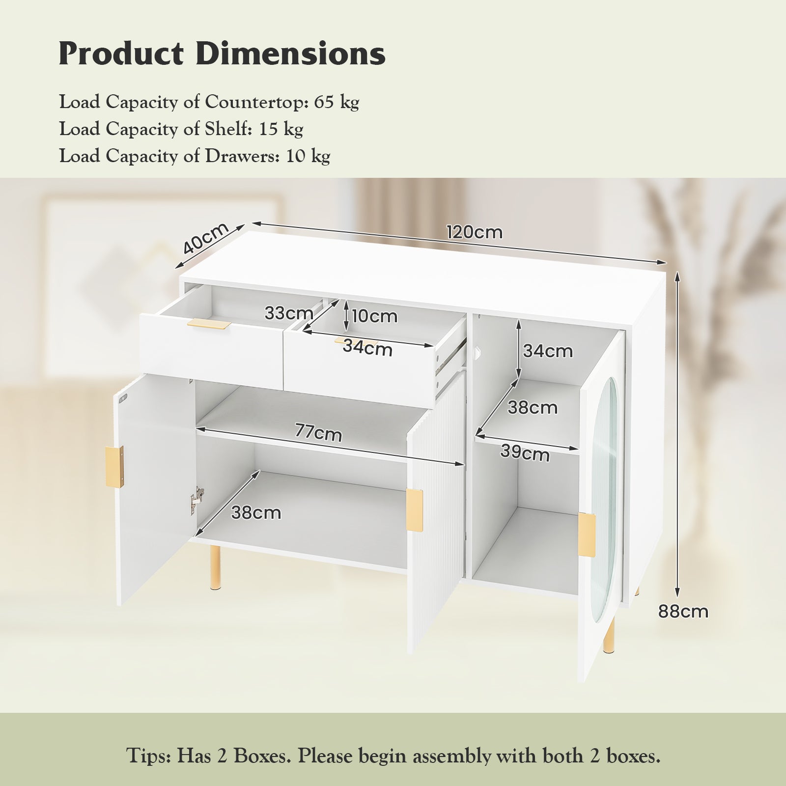 Kitchen Storage Cabinet with 2 Spacious Drawers and 2 Cabinets-White