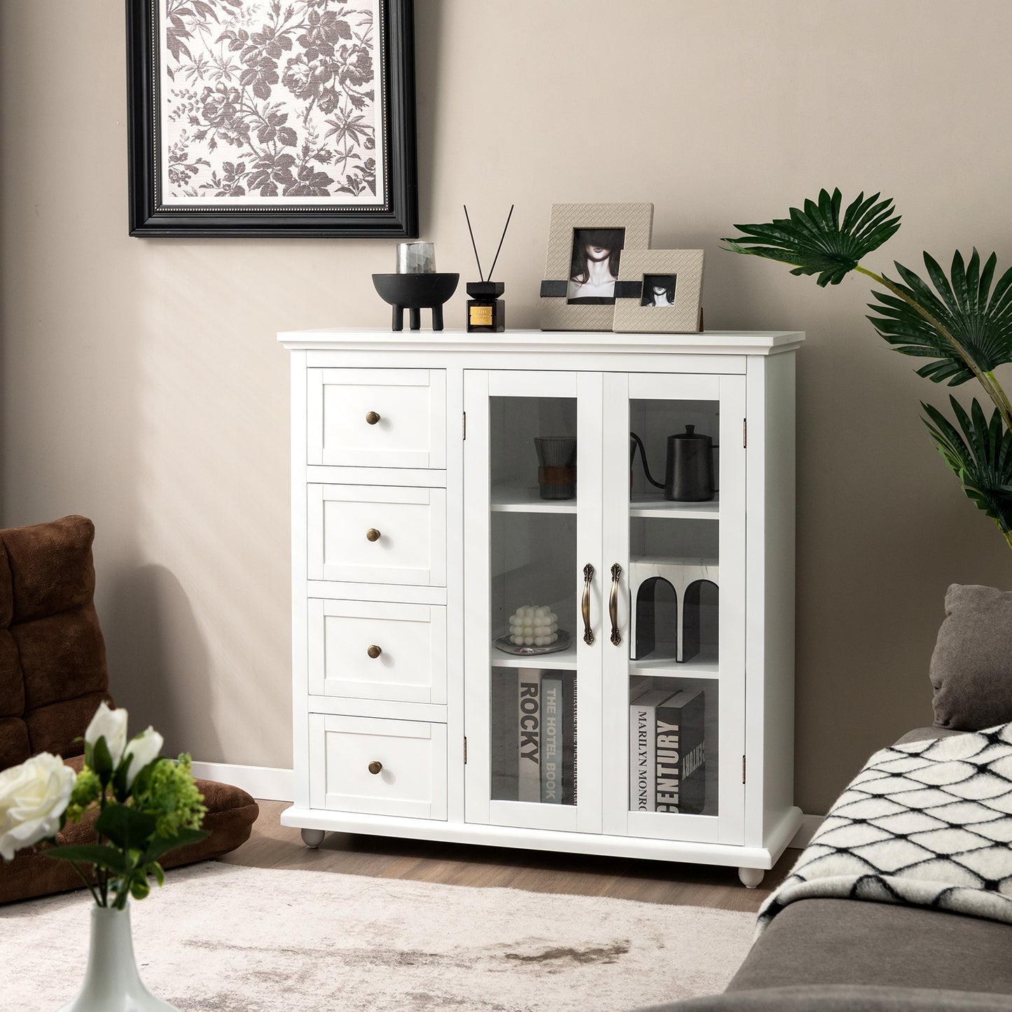 Buffet Sideboard with Glass Doors, 4 Drawers and Adjustable Shelf-White