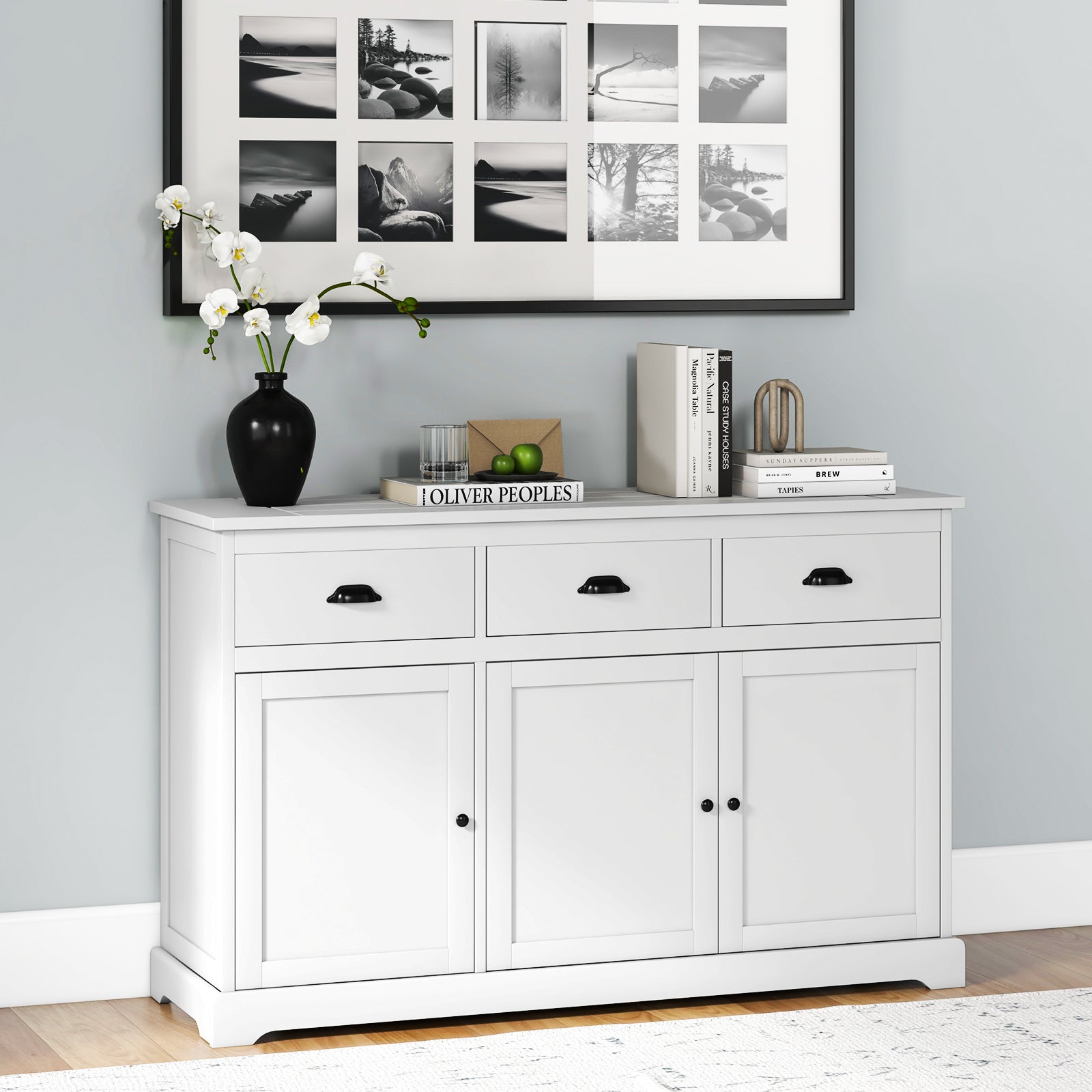 Buffet Sideboard with 2 Cabinets, 3 Drawers and Adjustable Shelf-White