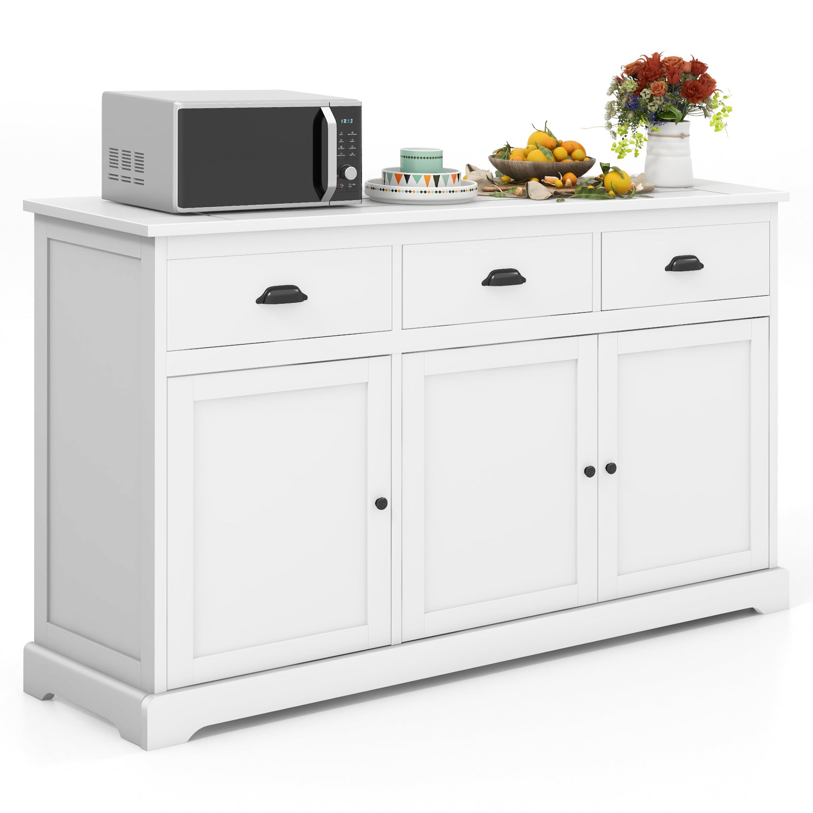 Buffet Sideboard with 2 Cabinets, 3 Drawers and Adjustable Shelf-White