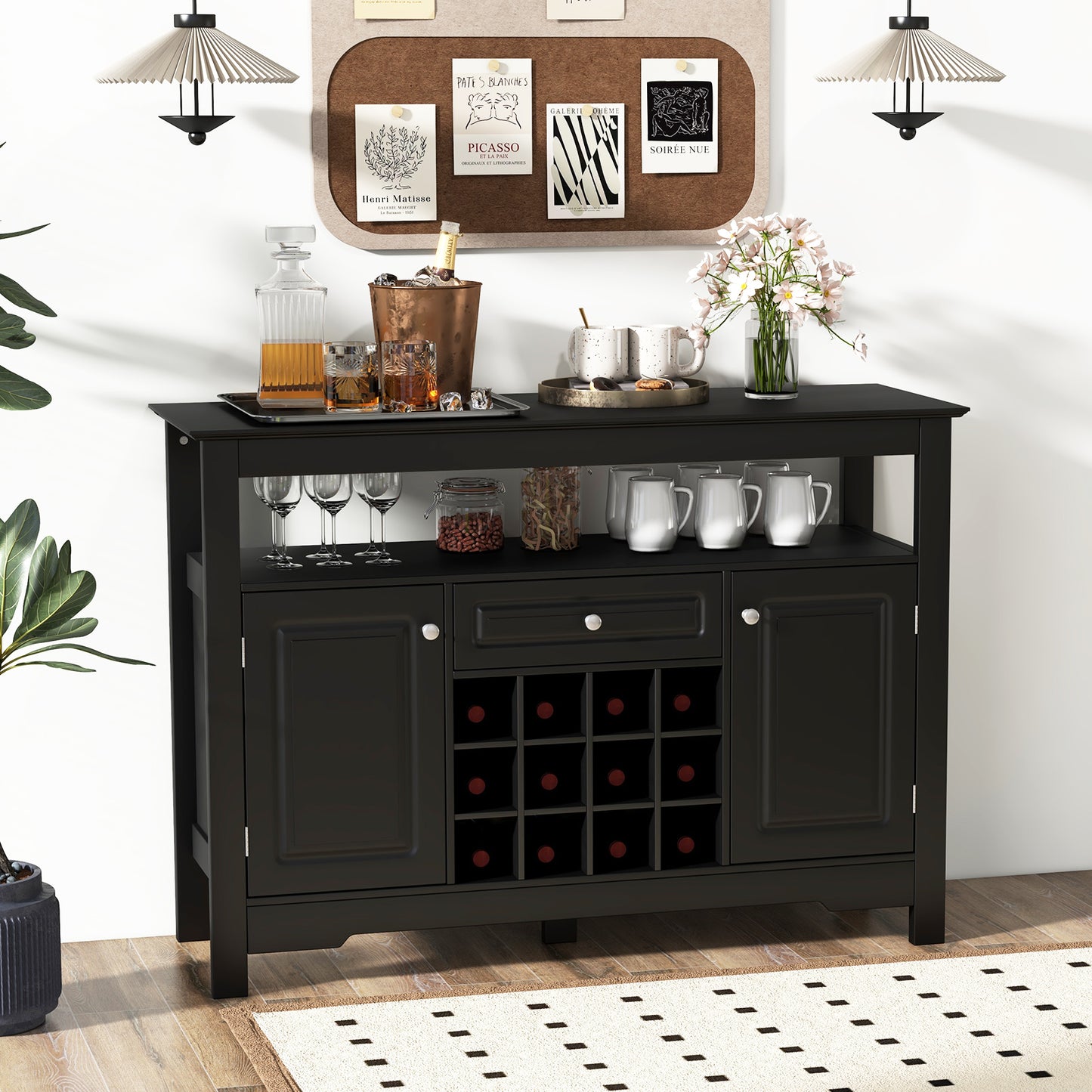 Kitchen Storage Sideboard with Removable Wine Rack and Drawer-Black