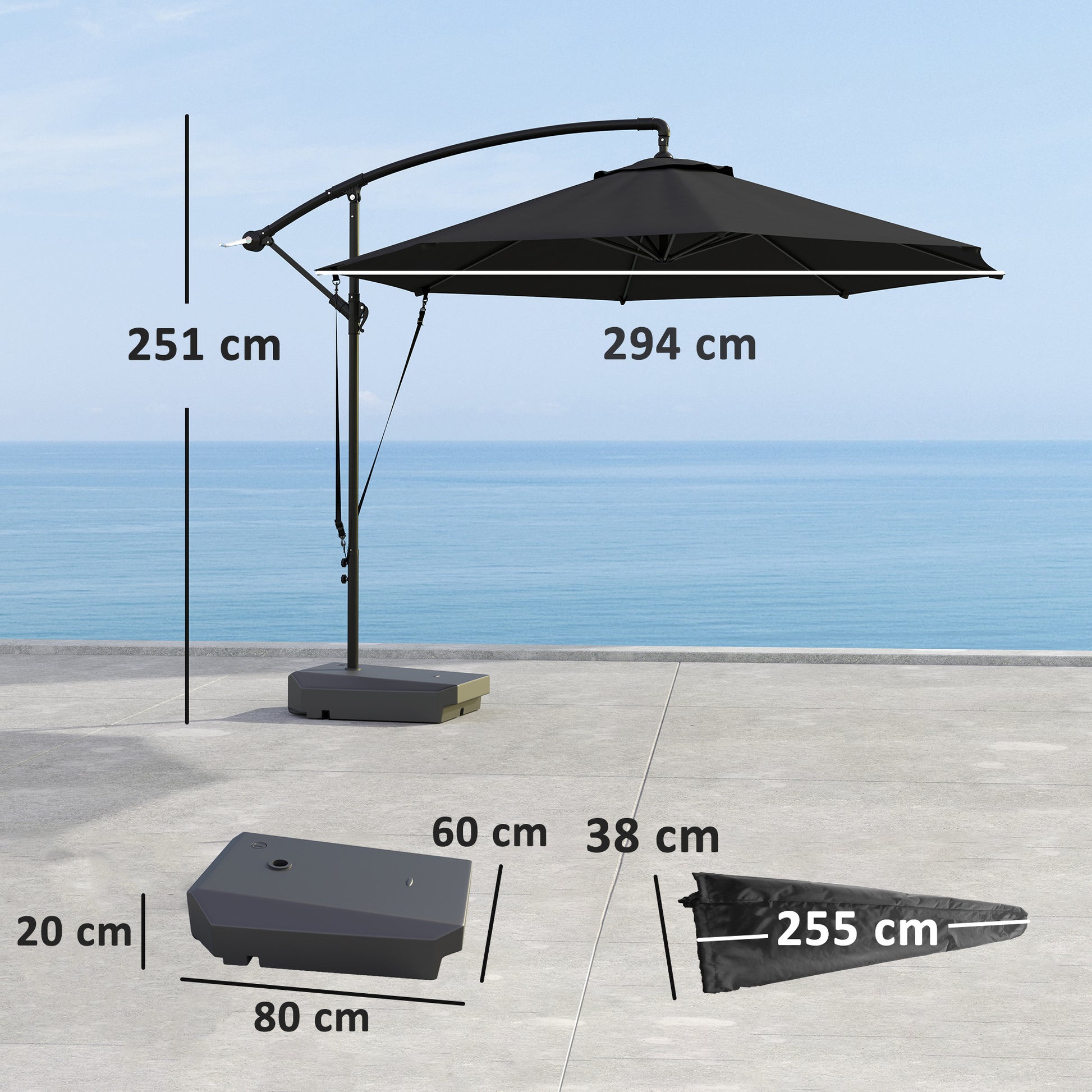 Outsunny 3(m) Garden Cantilever Parasol with Fillable Base up to 90kg, Wind Protection Strap, Cover, Round Banana Hanging Umbrella with Crank Handle and Tilt, UPF50+ Patio Umbrella, Grey