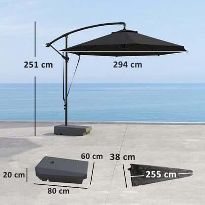 Outsunny 3(m) Garden Cantilever Parasol with Fillable Base up to 90kg, Wind Protection Strap, Cover, Round Banana Hanging Umbrella with Crank Handle and Tilt, UPF50+ Patio Umbrella, Grey