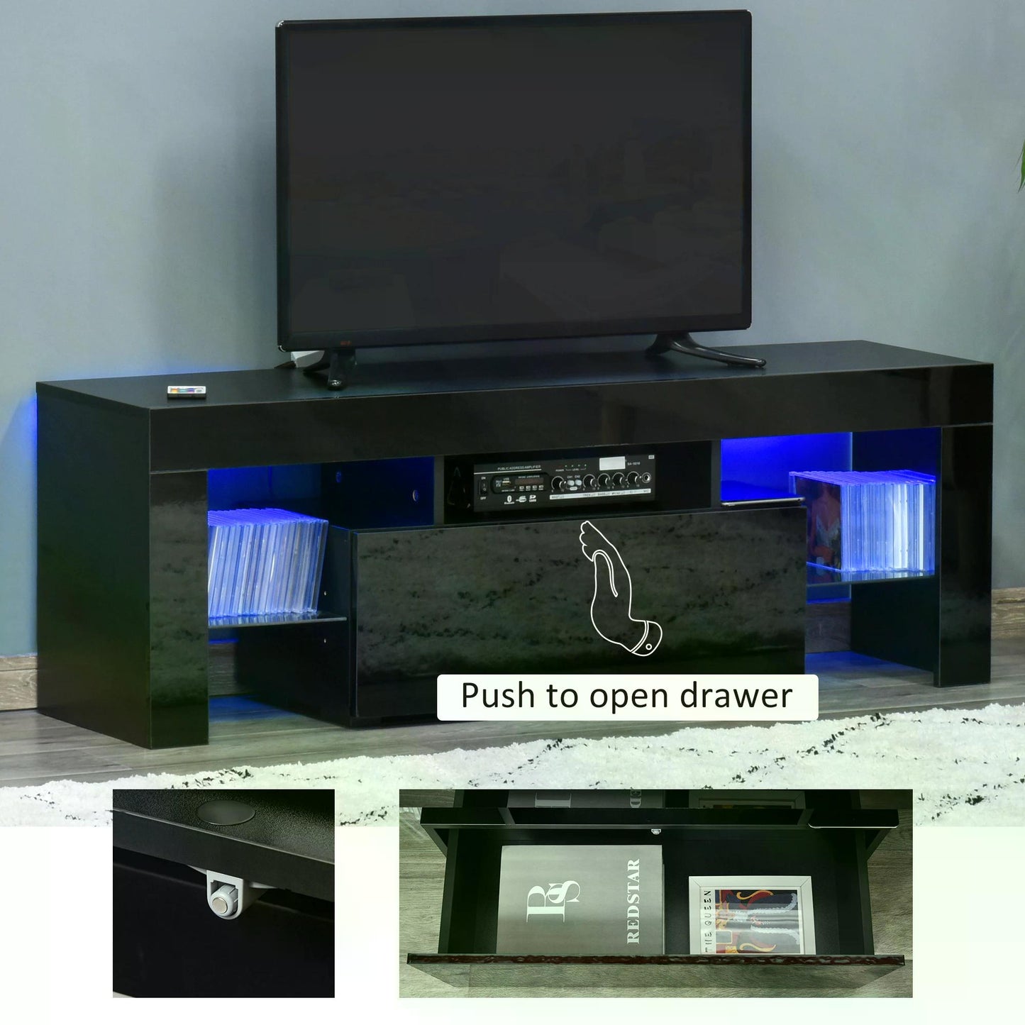 HOMCOM High Gloss TV Stand Cabinet with LED RGB Lights and Remote Control for 43"/50"/55" TV, Media TV Console Table with Storage Drawer and Shelf