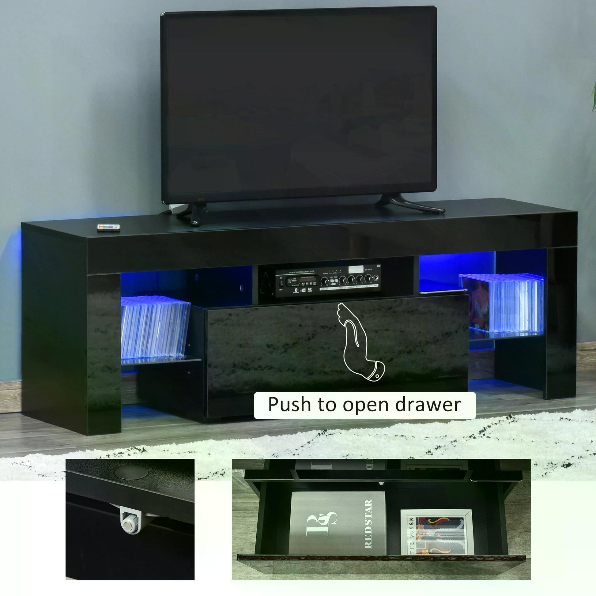 HOMCOM High Gloss TV Stand Cabinet with LED RGB Lights and Remote Control for 43"/50"/55" TV, Media TV Console Table with Storage Drawer and Shelf