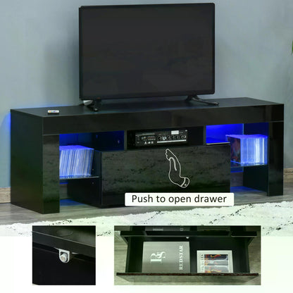 HOMCOM High Gloss TV Stand Cabinet with LED RGB Lights and Remote Control for 43"/50"/55" TV, Media TV Console Table with Storage Drawer and Shelf