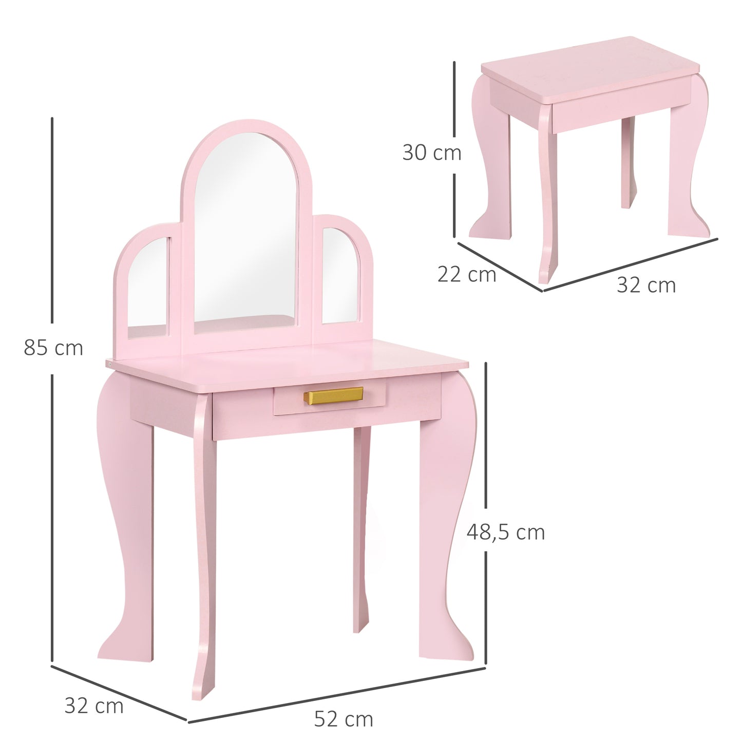 HOMCOM Kids Dressing Table with Mirror and Stool, Kids Vanity Set, Girl Makeup Desk with Drawer for 3-6 Years Old Children, Pink