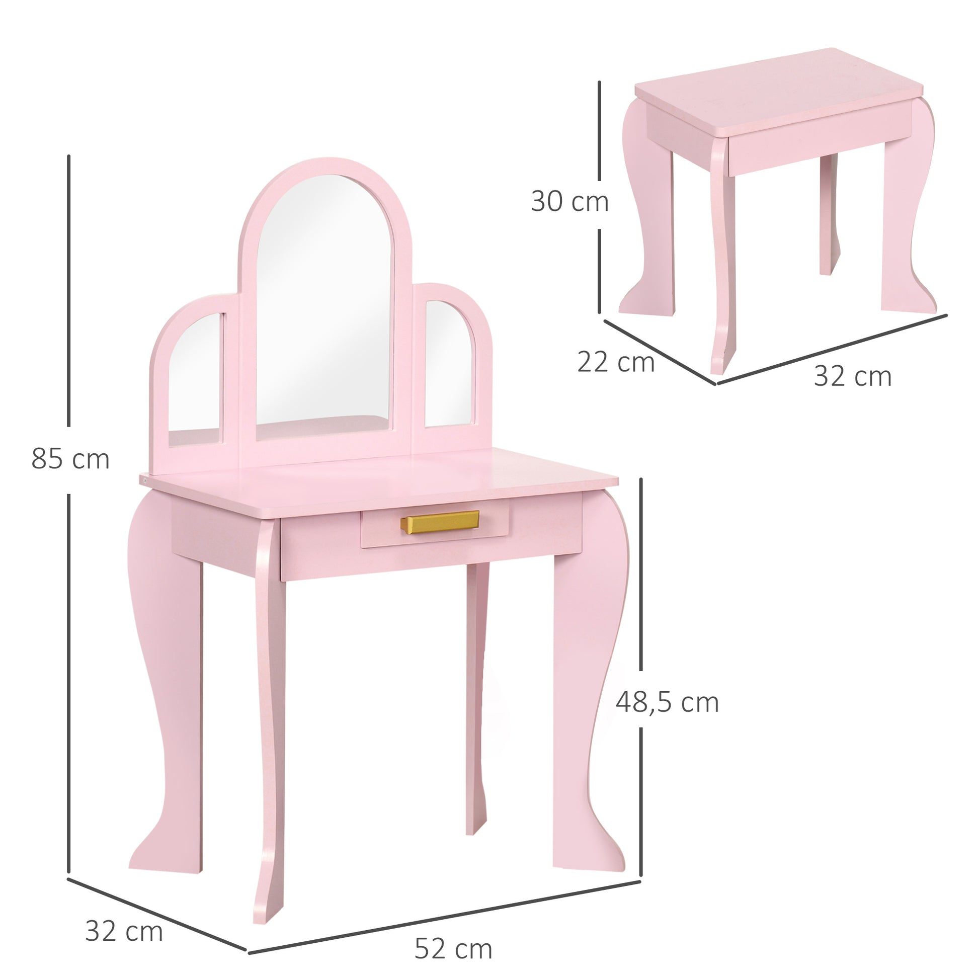 HOMCOM Kids Dressing Table with Mirror and Stool, Kids Vanity Set, Girl Makeup Desk with Drawer for 3-6 Years Old Children, Pink