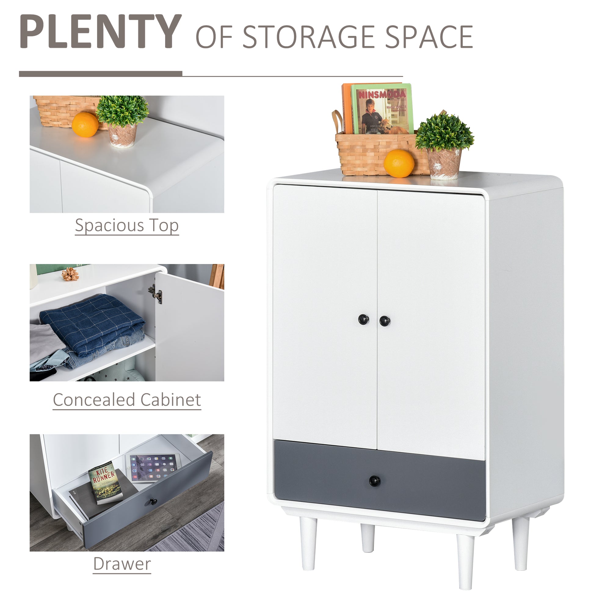 HOMCOM Modern Cabinet, Bedside Table, Storage Organizer, with Doors and Drawer for Bedroom & Living Room