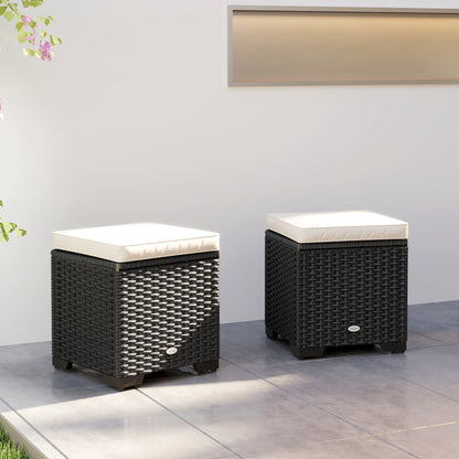 Outsunny Set of 2 Rattan Storage Ottoman, Outdoor Footstool with Removable Cushions, Garden Storage Seat for Balcony, Poolside, Living Room, Cream