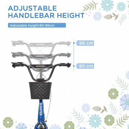 HOMCOM Kids Kick Scooter Teen Ride On Children Scooter with Adjustable Handlebar 2 Brakes Basket Cupholder Mudguard 16" Inflatable Rubber Tyres Blue