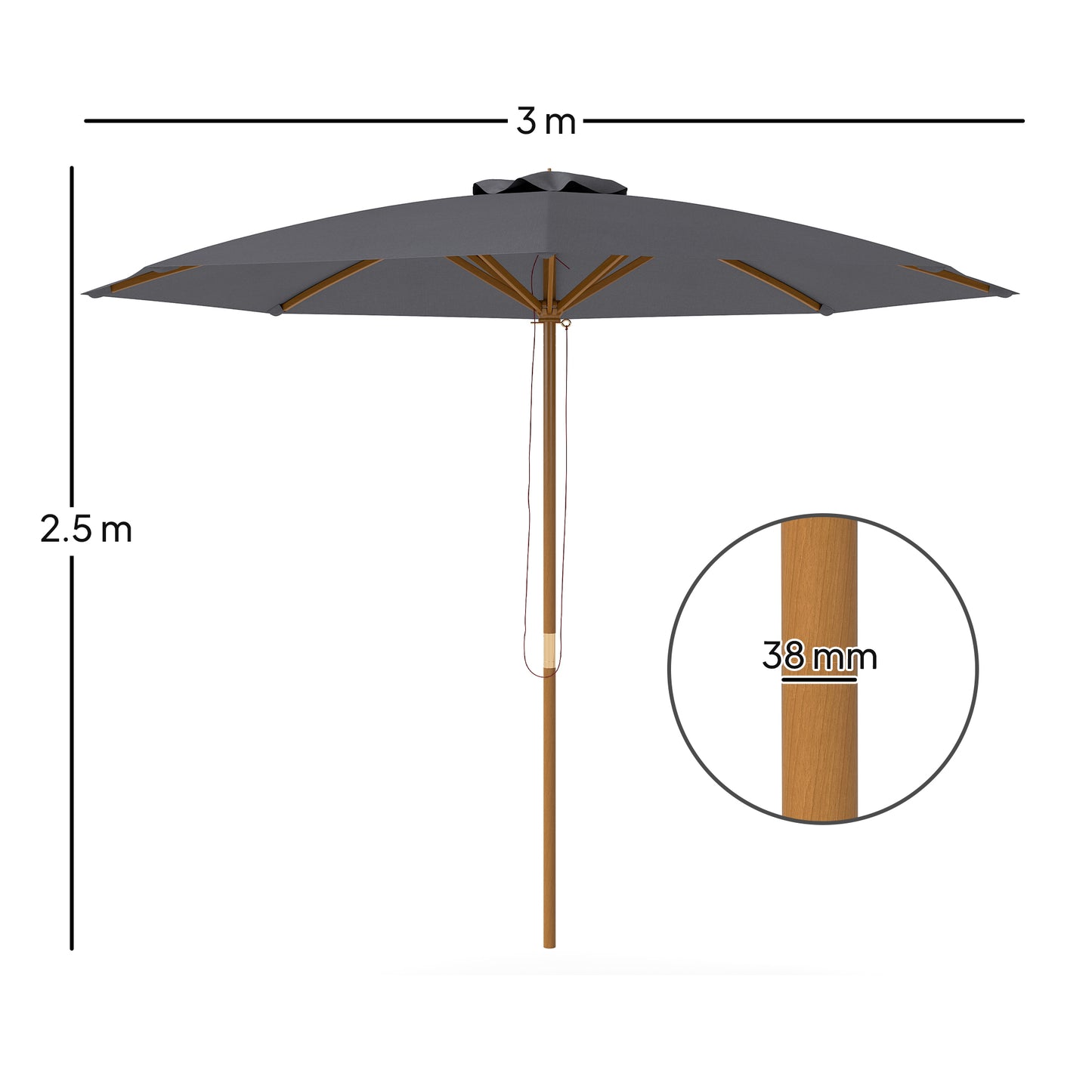 Outsunny 3m Wood Pole Parasol Umbrella - Grey