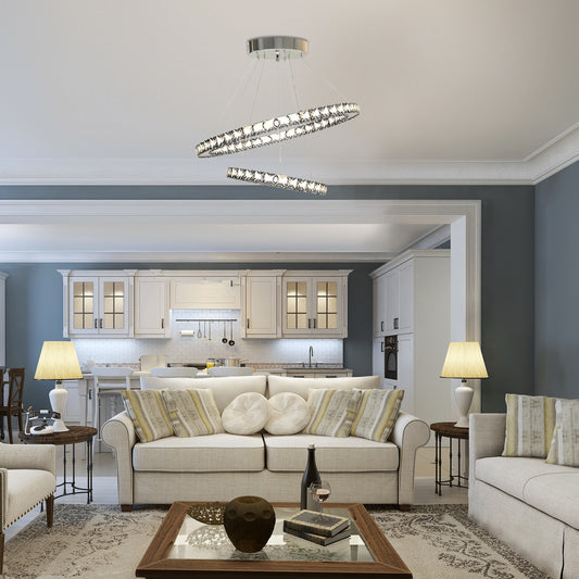 HOMCOM Modern LED Chandelier with 2 Crystal Rings, Dimmable Pendent Ceiling Light Cool Warm White with Adjustable Cable Remote Controller, Silver