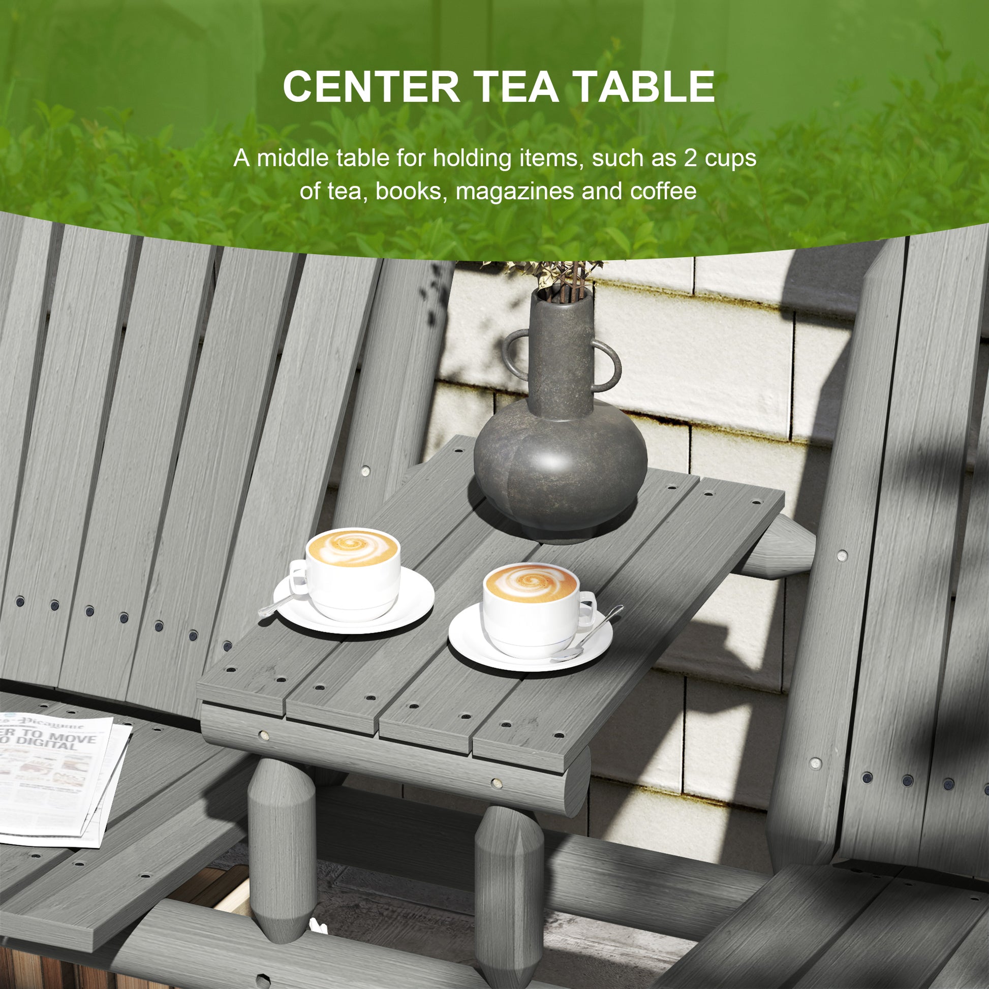 Outsunny Wood Patio Chair Bench 2 Seats w/ Centre Coffee Table, Garden Bench, Grey