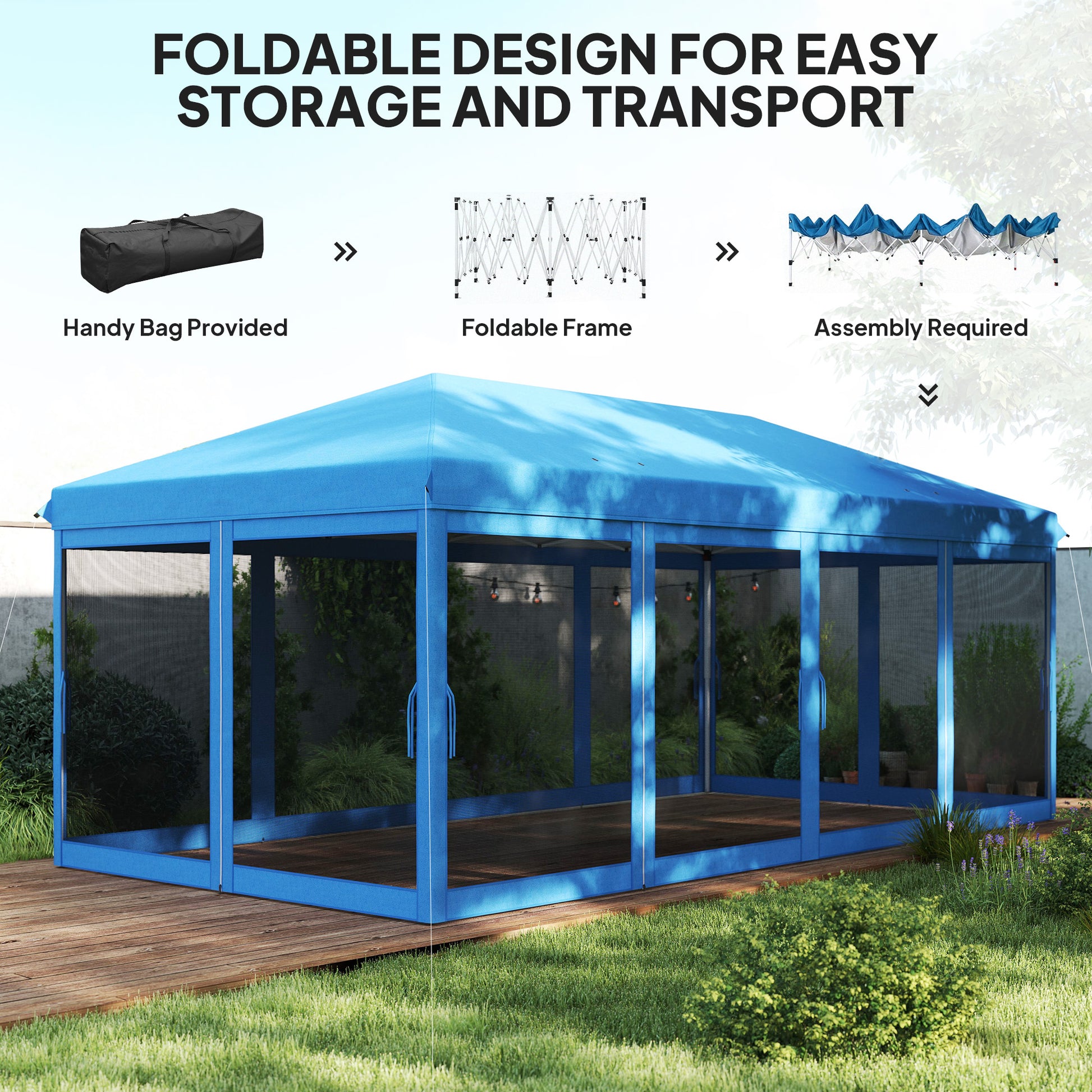 Outsunny 3 x 6m Pop Up Gazebo, Outdoor Canopy Shelter, Marquee Party Wedding Tent with 6 Mesh Walls and Carry Bag, Blue