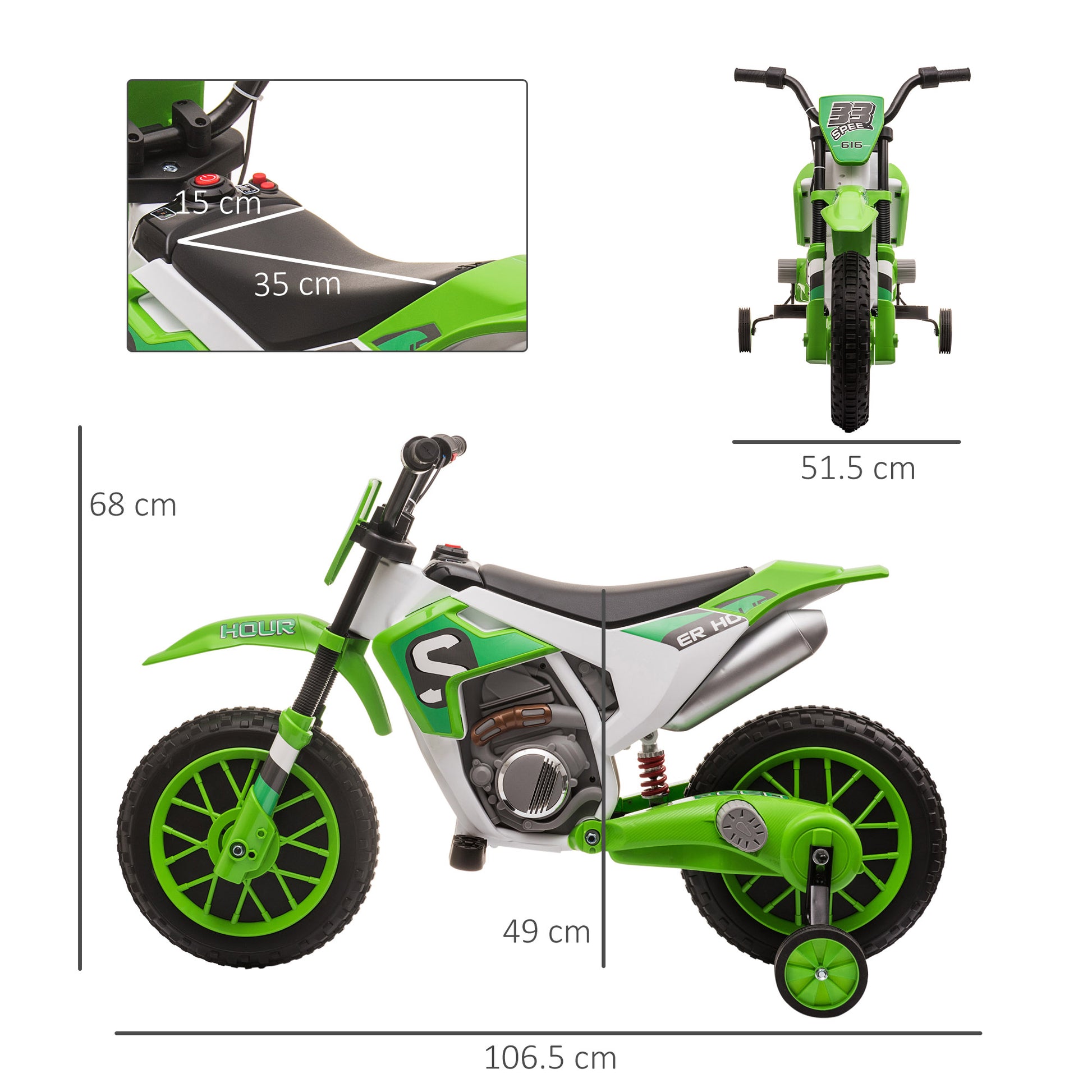 HOMCOM 12V Kids Electric Motorbike Ride On Motorcycle Vehicle Toy with Training Wheels for 3-5 Years Old, Green