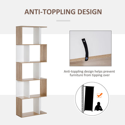 HOMCOM 5-tier Bookcase Storage Display Shelving S Shape design Unit Divider White