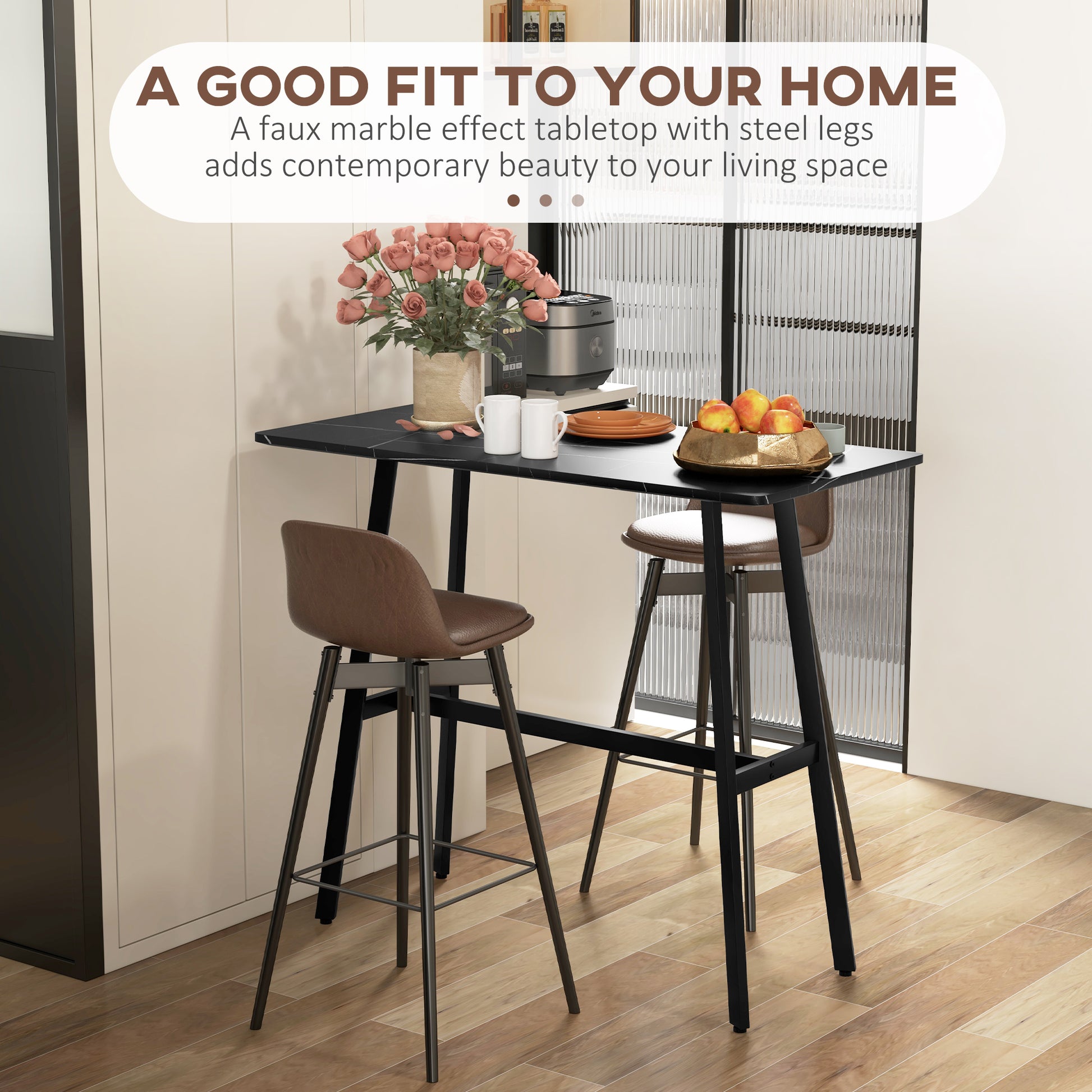 HOMCOM Rectangular Bar Table w/ Sturdy Metal Frame, Contemporary Design High Top Kitchen Table w/ Faux Marble Top, Easy Assembly Pub Table for 4