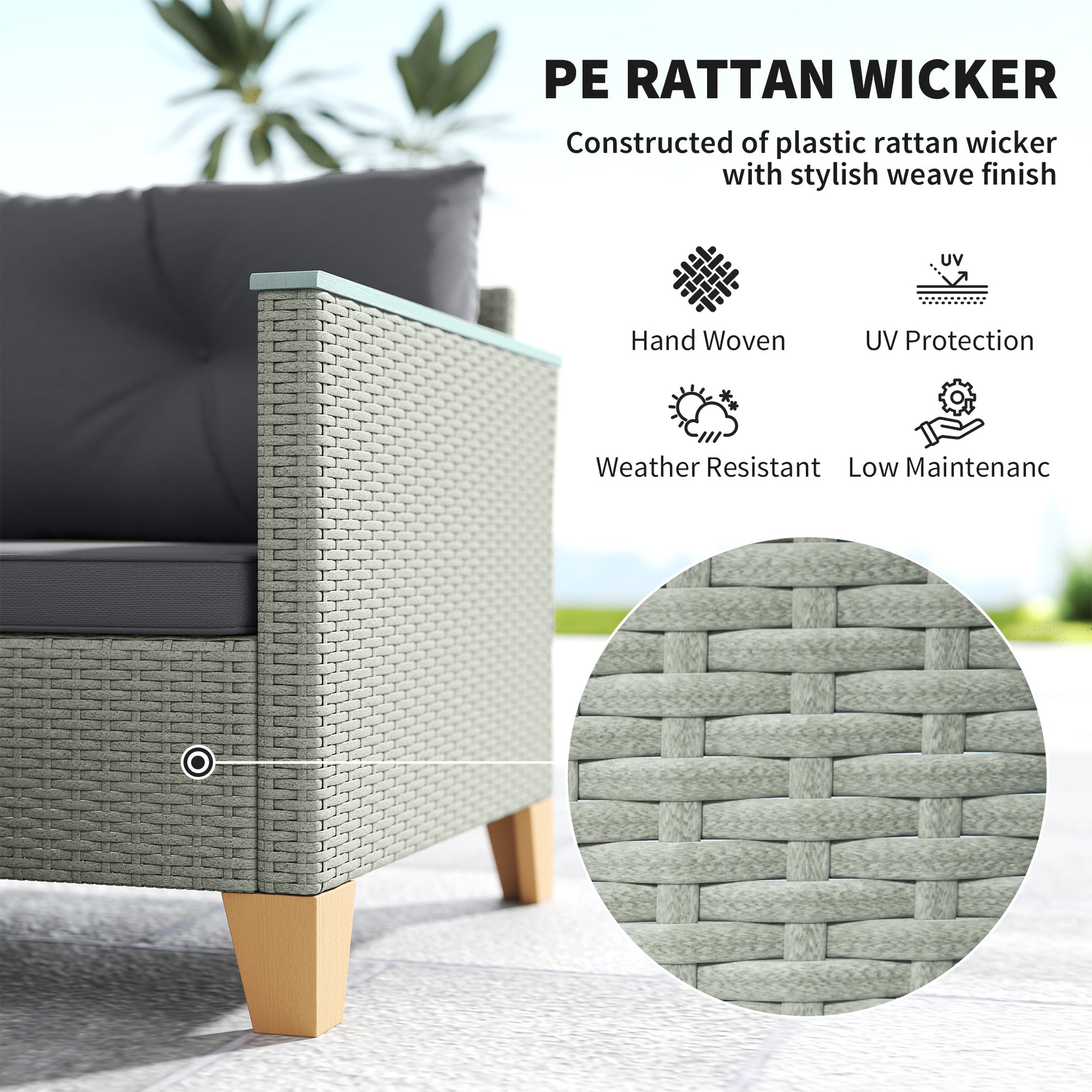 Outsunny 3 Pieces Rattan Garden Furniture Set, L Shaped Garden Conversation Chaise Lounge Furniture with Wood Top Coffee Table and Thick Cushions, Charcoal Grey