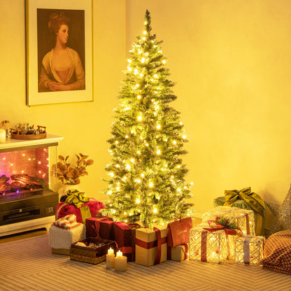 Hinged Slim Pencil Xmas Tree with 408/618 Snowy Branch Tips for Home-150 cm