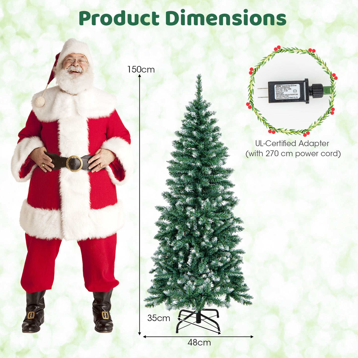 Hinged Slim Pencil Xmas Tree with 408/618 Snowy Branch Tips for Home-150 cm