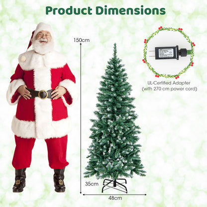 Hinged Slim Pencil Xmas Tree with 408/618 Snowy Branch Tips for Home-150 cm