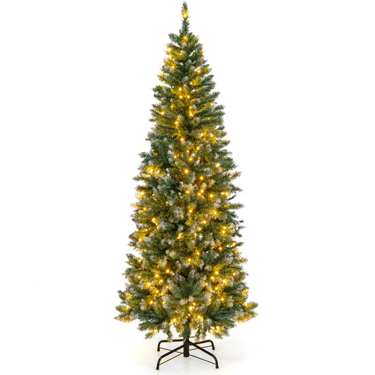Hinged Slim Pencil Xmas Tree with 408/618 Snowy Branch Tips for Home-180 cm