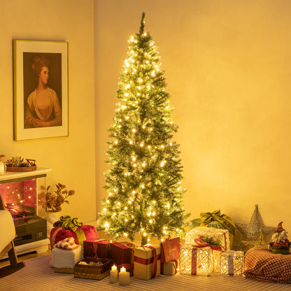 Hinged Slim Pencil Xmas Tree with 408/618 Snowy Branch Tips for Home-180 cm
