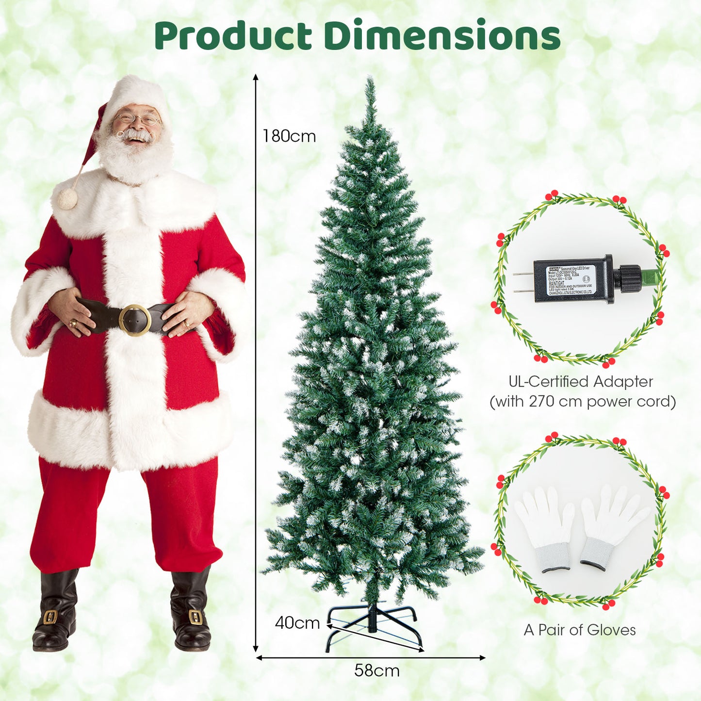 Hinged Slim Pencil Xmas Tree with 408/618 Snowy Branch Tips for Home-180 cm