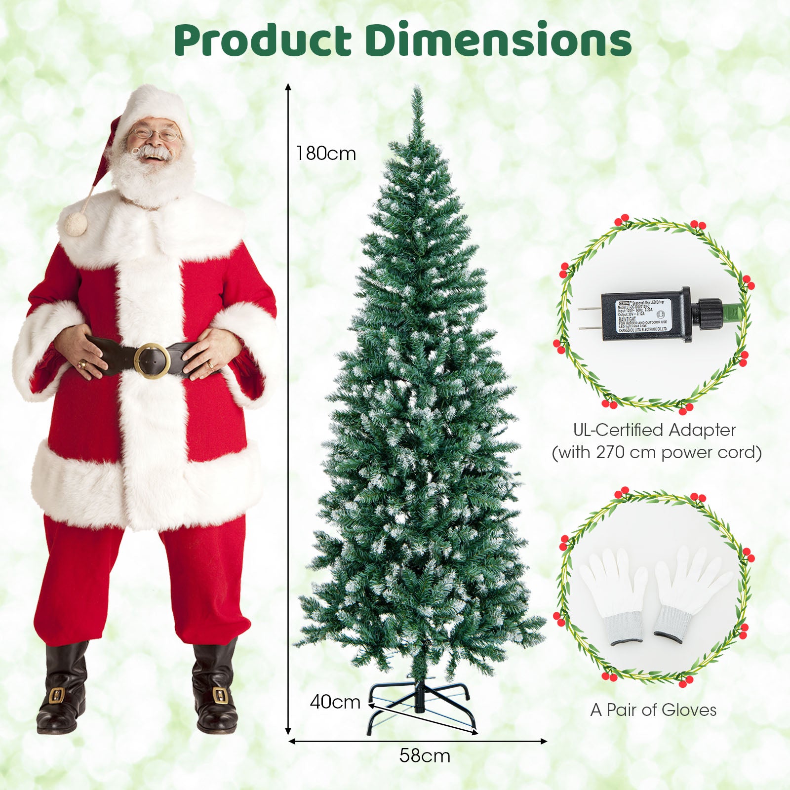 Hinged Slim Pencil Xmas Tree with 408/618 Snowy Branch Tips for Home-180 cm