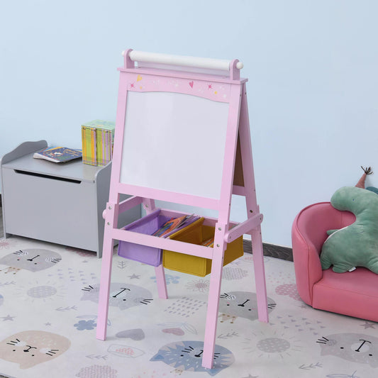 HOMCOM 3 In 1 Kids Wooden Art Easel with Paper Roll Double-Sided Chalkboard & Whiteboard with Storage Baskets Gift for Toddler Girl Age 3 Years+ Pink