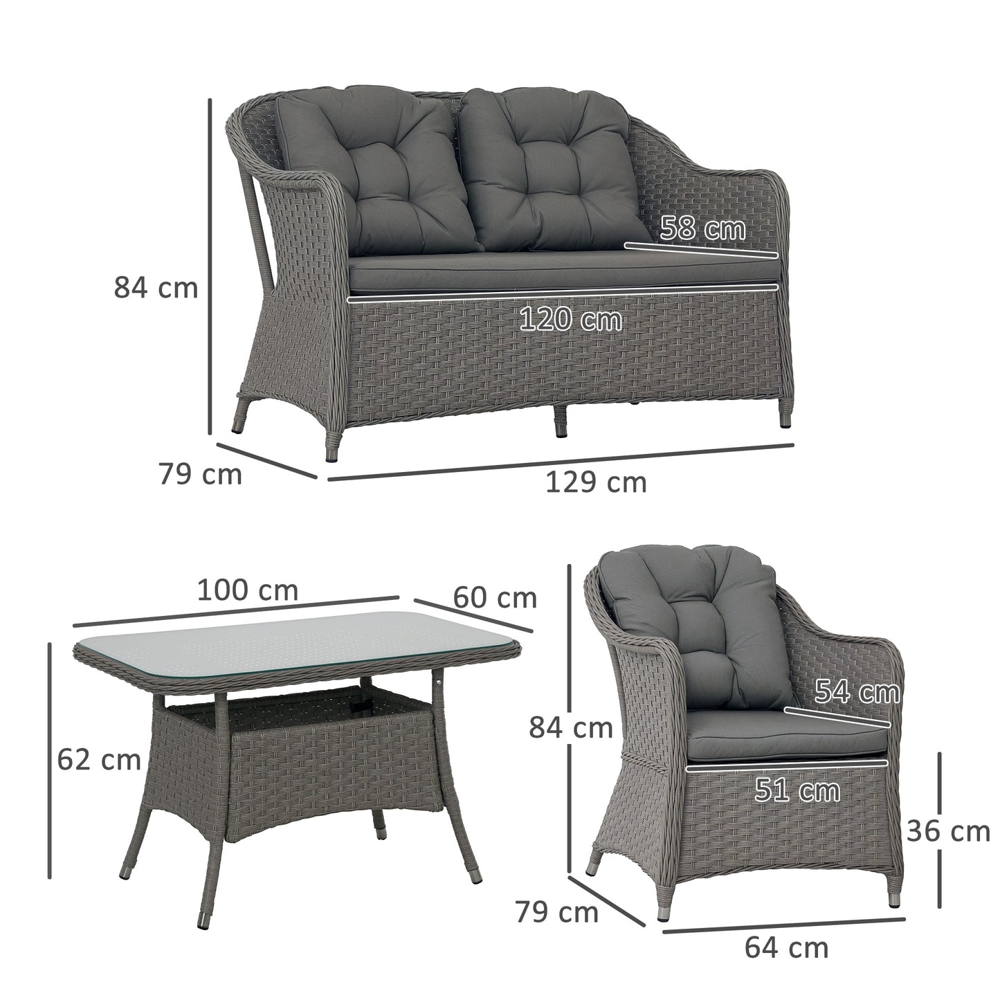 Outsunny Four-Piece Rattan Set, with Glass-Top Table - Light Grey