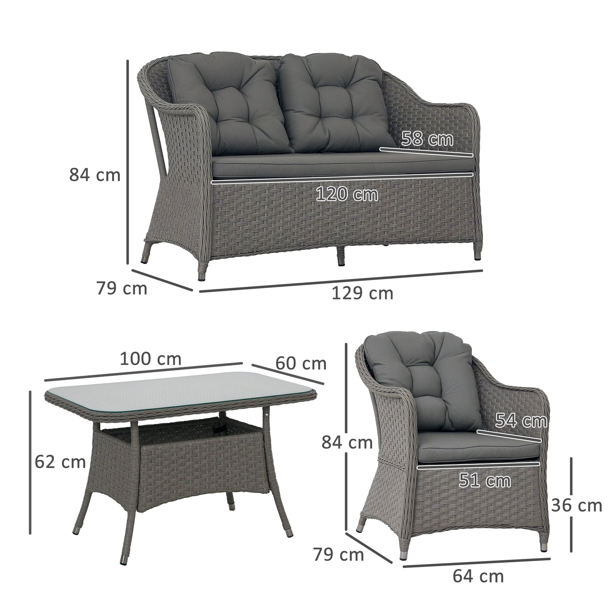 Outsunny Four-Piece Rattan Set, with Glass-Top Table - Light Grey