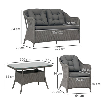 Outsunny Four-Piece Rattan Set, with Glass-Top Table - Light Grey