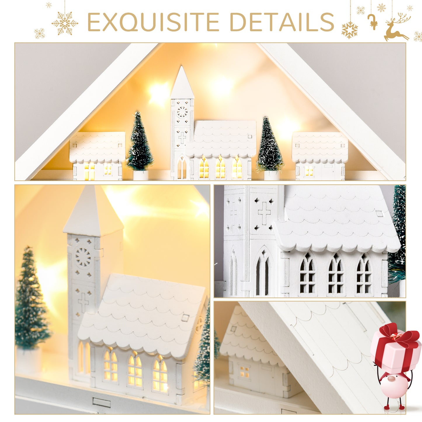 HOMCOM Christmas Advent Calendar, Light Up Table Xmas Wooden House Holiday Decoration with Countdown Drawer, Village, for kids Adults, White