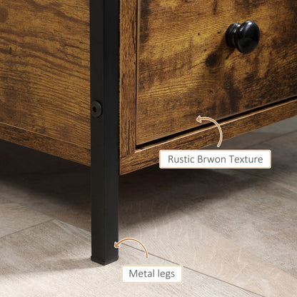 HOMCOM Side Table with 2 Drawers and Storage Shelf, Narrow End Table Bedside Table with Metal Frame for Small Spaces, Rustic Brown