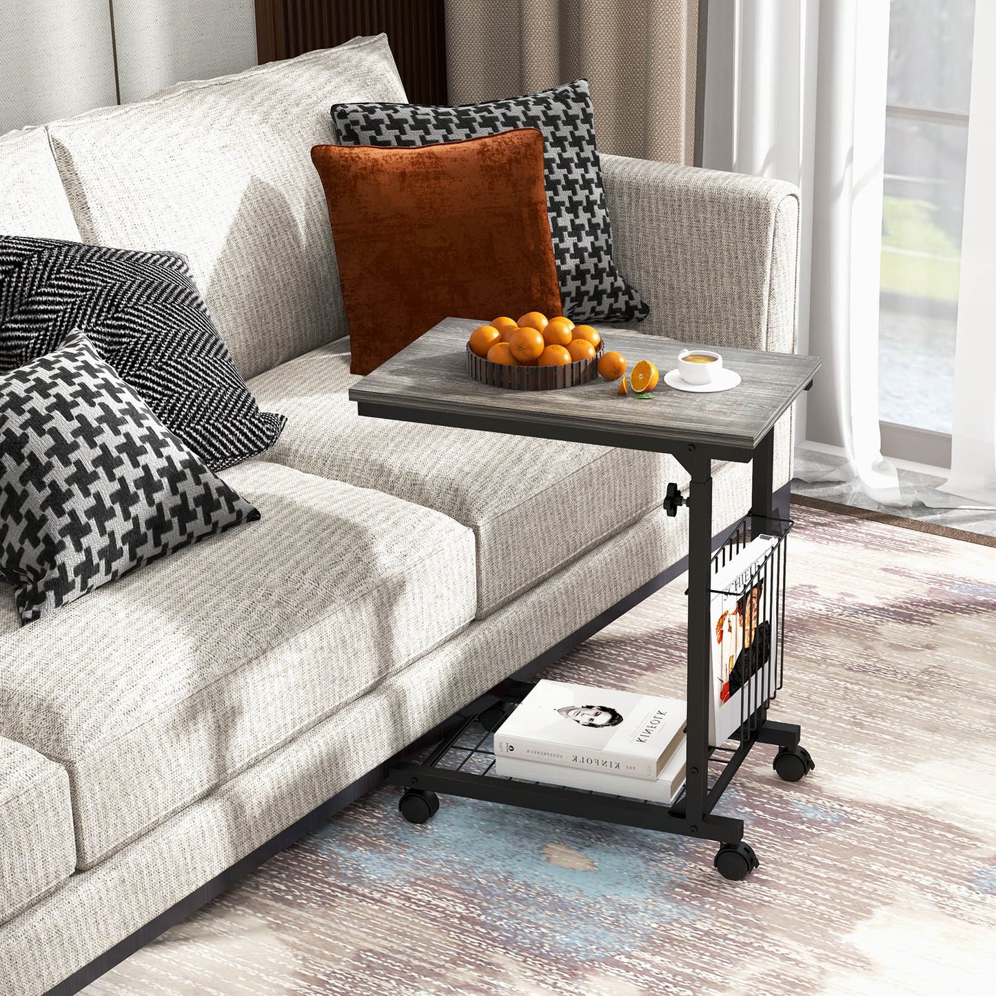 C-shape Adjustable End Table with Storage Basket-Grey